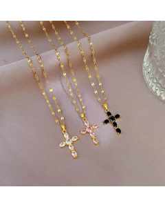 Fashion Cross Plating Inlay Zircon Pendant Titanium Steel Necklace Colorza