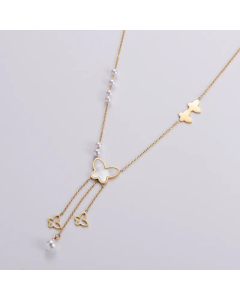 Elegant Gold Plated Artificial Pearls Butterfly Stainless Steel Pendant Necklace Colorza