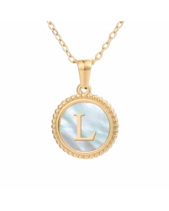 Plating Inlay Shell Round Letter Pendant Titanium Steel Necklace Colorza