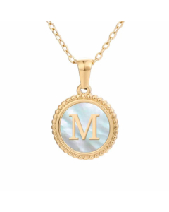 Plating Inlay Shell Round Letter Pendant Titanium Steel Necklace Colorza