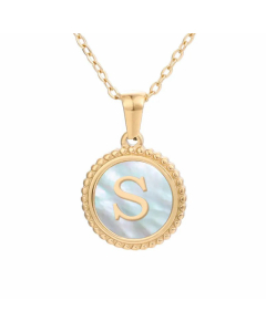 Plating Inlay Shell Round Letter Pendant Titanium Steel Necklace Colorza