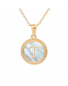 Plating Inlay Shell Round Letter Pendant Titanium Steel Necklace Colorza