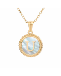 Plating Inlay Shell Round Letter Pendant Titanium Steel Necklace Colorza