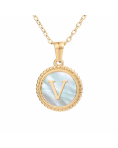Plating Inlay Shell Round Letter Pendant Titanium Steel Necklace Colorza