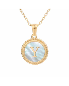Plating Inlay Shell Round Letter Pendant Titanium Steel Necklace Colorza