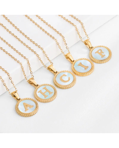 Plating Inlay Shell Round Letter Pendant Titanium Steel Necklace Colorza