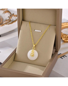 Fashion Round Inlay Hetian Jade Pendent Titanium Steel  Necklace Colorza