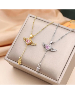 Fairy Style  Heart Shape Wings Titanium Steel Inlay Rhinestones Necklace Colorza