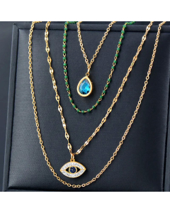 Vacation Layered Devil's Eye Flower Titanium Steel Inlay Inlaid Gold Artificial Gemstones Necklaces Colorza