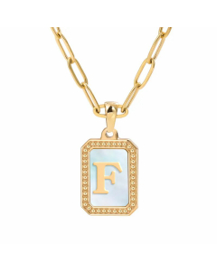 Colorza Letter Square Inlay Shell Pendant Plating Paperclip Chain Titanium Steel Necklace 
