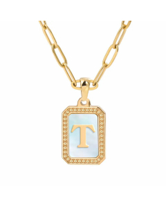Colorza Letter Square Inlay Shell Pendant Plating Paperclip Chain Titanium Steel Necklace 