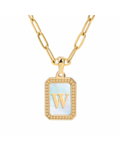 Colorza Letter Square Inlay Shell Pendant Plating Paperclip Chain Titanium Steel Necklace 