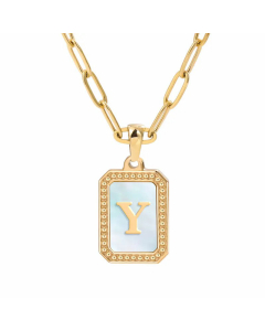 Colorza Letter Square Inlay Shell Pendant Plating Paperclip Chain Titanium Steel Necklace 