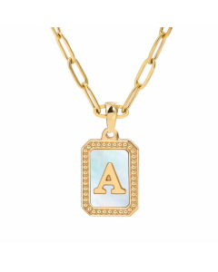 Colorza Letter Square Inlay Shell Pendant Plating Paperclip Chain Titanium Steel Necklace 
