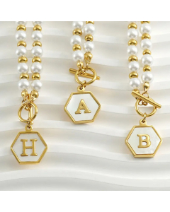 Fashion Letter Hexagon Inlay Shell Pendant Titanium Steel Pearl Plating Necklace Colorza -A