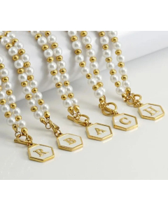 Fashion Letter Hexagon Inlay Shell Pendant Titanium Steel Pearl Plating Necklace Colorza 