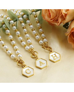 Fashion Letter Hexagon Inlay Shell Pendant Titanium Steel Pearl Plating Necklace Colorza 
