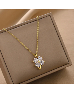 Sweet Four Leaf Clover Inlay Rhinestones Titanium Steel Necklace Colorza