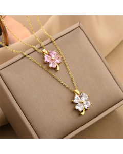 Sweet Four Leaf Clover Inlay Rhinestones Titanium Steel Necklace Colorza