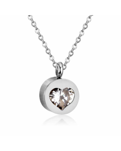Classic Round Inlay Heart Shape Zircon Stainless Steel Pendant Necklace Colorza -Steel Color-White