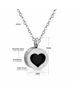 Classic Round Inlay Heart Shape Zircon Stainless Steel Pendant Necklace Colorza -Steel Color-Black