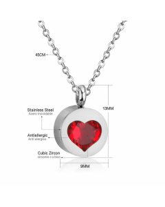 Classic Round Inlay Heart Shape Zircon Stainless Steel Pendant Necklace Colorza -Steel Color-Red