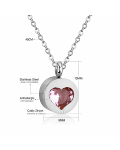 Classic Round Inlay Heart Shape Zircon Stainless Steel Pendant Necklace Colorza -Steel Color-Pink