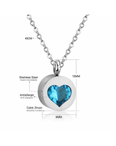 Classic Round Inlay Heart Shape Zircon Stainless Steel Pendant Necklace Colorza -Steel Color-Blue