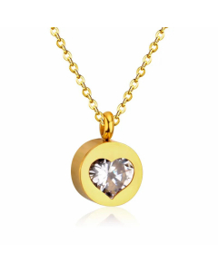 Classic Round Inlay Heart Shape Zircon Stainless Steel Pendant Necklace Colorza -Gold Color-White