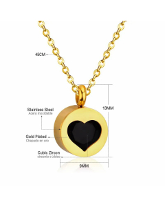 Classic Round Inlay Heart Shape Zircon Stainless Steel Pendant Necklace Colorza -Gold Color-Black