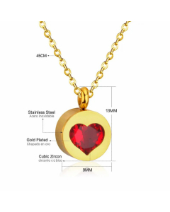Classic Round Inlay Heart Shape Zircon Stainless Steel Pendant Necklace Colorza -Gold Color-Red