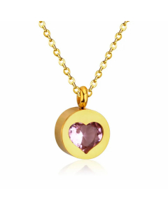 Classic Round Inlay Heart Shape Zircon Stainless Steel Pendant Necklace Colorza -Gold Color-Pink