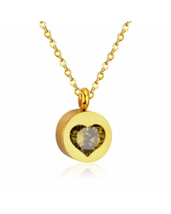 Classic Round Inlay Heart Shape Zircon Stainless Steel Pendant Necklace Colorza -Gold Color-Green