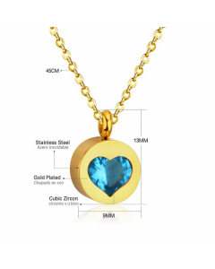 Classic Round Inlay Heart Shape Zircon Stainless Steel Pendant Necklace Colorza -Gold Color-Blue