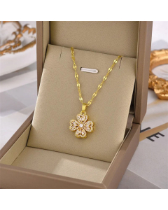 Refined Four Leaf Clover Inlay Rhinestones Pendent Titanium Steel Necklace