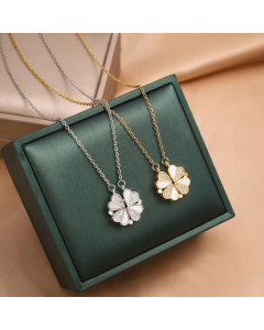 Fashion Four Leaf Clover Inlay Rhinestones Shell Titanium Steel Pendant Necklace