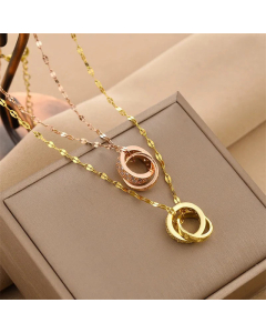 Classic Two Circle Interlocking Rhinestone Inlaid Titanium Steel Necklace