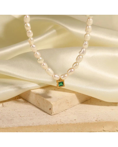 French Style Square Inlay Zircon Pendant Stainless Steel Pearl Necklace Colorza