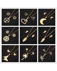 Fashion Hollow Out Moon Coconut Tree Fish Plating Bone Stainless Steel Necklace Earrings 1 Set