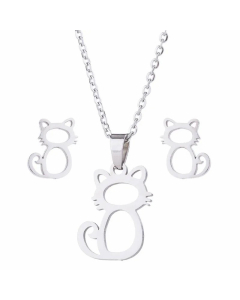 Cute Hollow Out Cat Pendent Stainless Steel Plating Earrings Necklace 1 Set