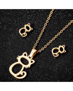 Cute Hollow Out Cat Pendent Stainless Steel Plating Earrings Necklace 1 Set