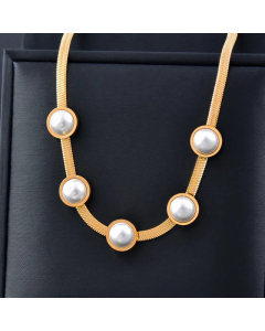 Retro Pearl Inlaid Heart Shape Titanium Steel Gold Plated Pendant Necklace Colorza