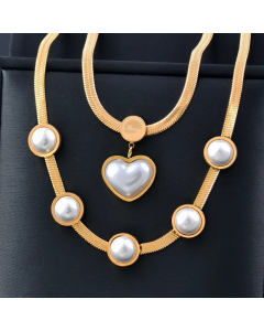 Retro Pearl Inlaid Heart Shape Titanium Steel Gold Plated Pendant Necklace Colorza
