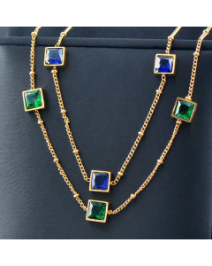 Temperament Square Inlay Inlaid Gold Artificial Gemstones Titanium Steel Necklace Colorza