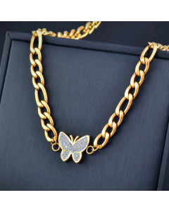 Fashion Butterfly Inlay Inlaid Gold Artificial Gemstones Titanium Steel Necklace Colorza