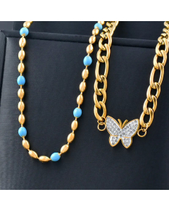 Fashion Butterfly Inlay Inlaid Gold Artificial Gemstones Titanium Steel Necklace Colorza