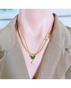 Fashion Insect Butterfly Titanium Steel Gold Plated Artificial Pearls Shell Layered Necklaces Colorza