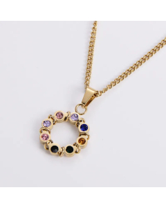 Gold Plated Rhinestones Colorful Circle Pendant Stainless Steel Necklace Colorza