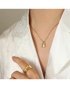 Gold Plated Zircon Lock PendantTitanium Steel Necklace Colorza