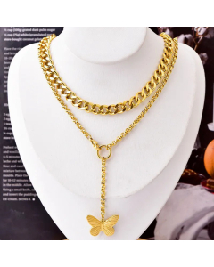 Retro Double Layer Butterfly Tassel Titanium Steel Plating Necklace